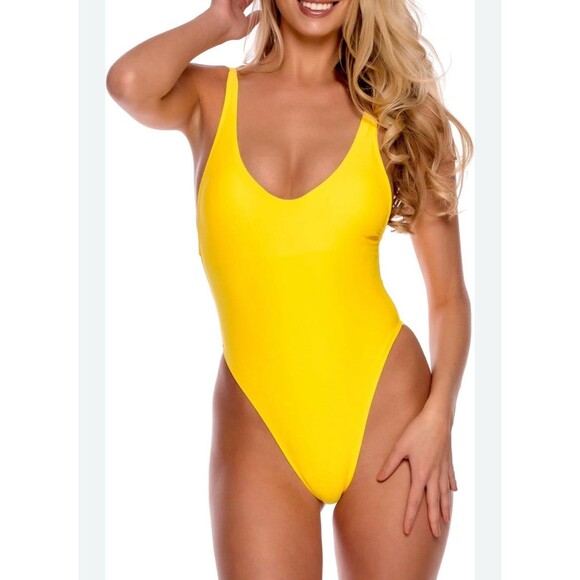 Relleciga Bright Yellow Thong One Piece NWT Sz XL High Cut - Picture 1 of 7